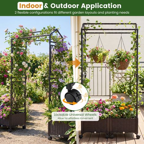 Bac potager brun de 1,68 m avec arrosage automatique, treillis et toit, roulettes verrouillables pour balcon, terrasse et jardin (1/5)