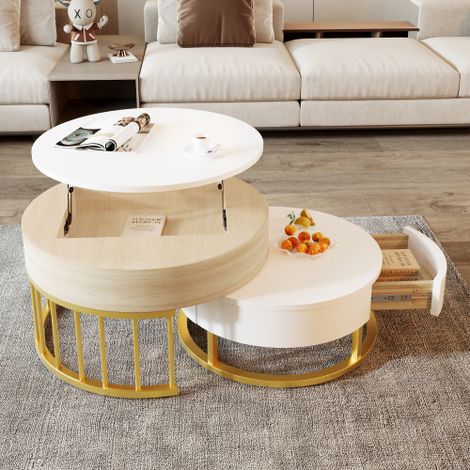 Combinazione di tavolino rotondo grande e piccolo, piano regolabile in altezza, cassetto, struttura in metallo dorato, bianco abbinato a effetto legno, corpo in MDF, tavolo multifunzionale per soggior (1/5)