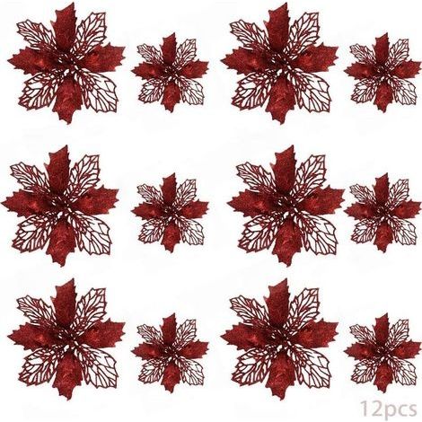 12pcs Fleur de Simulation de Noël,Fleur de Noël Poinsettia, Fleur de Noel,Fleur de Noël pour SapinDecoration Noel Sapin,Fleurs de Noël Artificielles (rouge) (1/5)