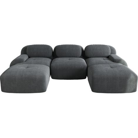 Sofá modular en U de tela de pana gris, sin montaje, con reposabrazos extra anchos y espuma 32D (1/5)