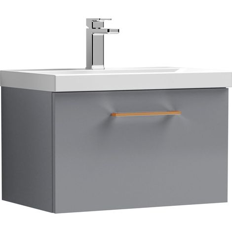 Balterley 600mm Wall Hung Bathroom 1 Drawer Vanity Unit and 1 Tap Hole Ceramic Basin, Satin Grey with Copper Handle (1/5)