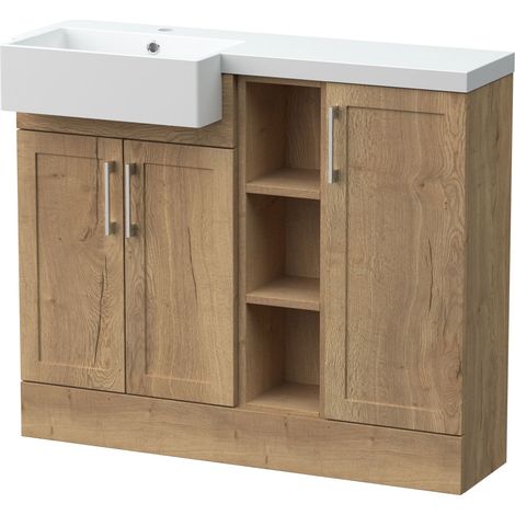 Pirehill Traditional Floor Standing Compact 3 Door Combination Vanity Unit with Shelves and Basin, Left Hand, 1000mm, Autumn Oak
