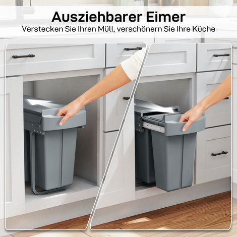 Poubelle extensible métal gris, conteneur déchets cuisine avec 2 bacs amovibles, poignée, 30 litres (20 L + 10 L) (1/4)