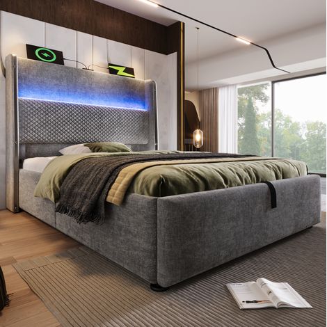 Bett modern 90x200 cm mit hohem Kopfteil, LED, USB/Type-C, hydraulischem Stauraum und Matratze, Grau in Leinenoptik (1/5)