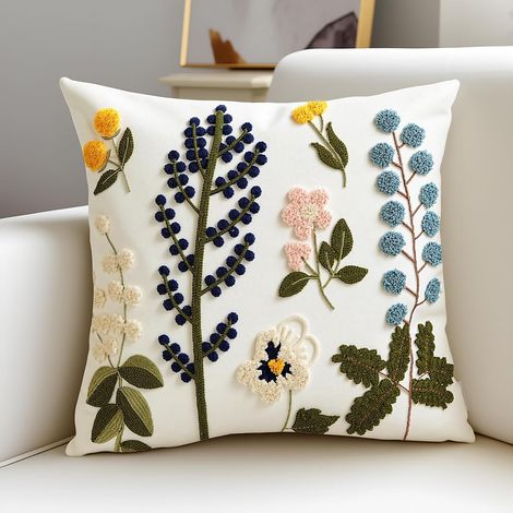 Taie d'oreiller toile coton brodée fleurs pastorales 45x45cm, décoration pour canapé et chambre, sans garnissage intérieur (1/5)