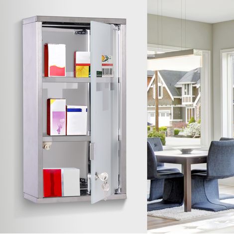 Armoire à médicaments murale verrouillable avec porte en verre dépoli, 3 niveaux de rangement, croix de secours, acier argenté 25 x 12 x 48 cm - CHICFURN (1/5)