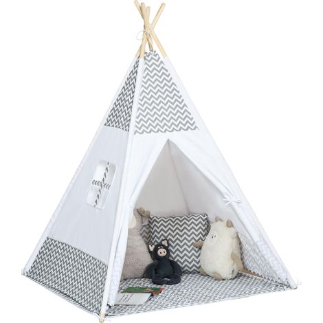 Tente Teepee Indien Tente de jeu pour Enfant Style Graphique - dim. 1,2L x 1,2I x 1,55H m - Porte refermable Fenêtre Tapis Coussin Sac Transport Inclus - à l'Intérieur à l'Extérieur Gris Blanc (1/5)