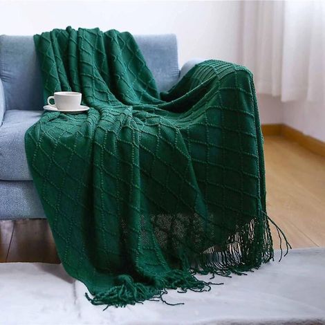 Couverture tricotée à franges nordiques vertes - Jeté de canapé doux et uni (1/5)
