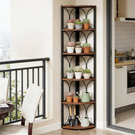 Scaffale angolare a 6 ripiani, 32 x 32 x 170 cm, metallo e legno, nero e marrone rustico OKMYHOME (1/5)