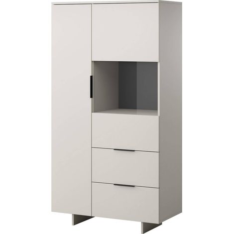 Buffet Rimella, buffet de salon avec deux portes battantes et deux tiroirs, surélevé du sol, 90x42 h170 cm, beige (1/4)