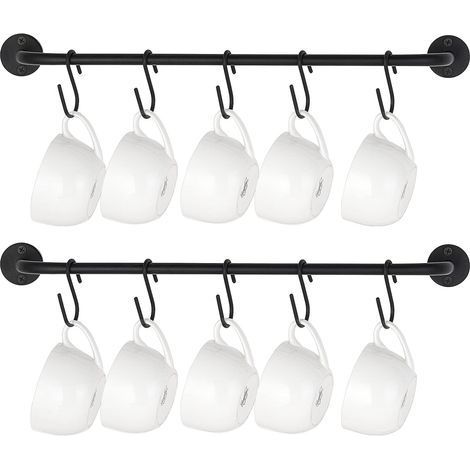 Lot de 2 porte tasses à café à fixation murale moderne en métal avec 10 crochets rustiques pour ustensiles de cuisine, salle à manger, café, noir (1/5)