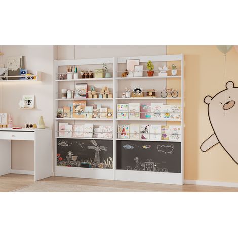 Étagère à livres d'exposition, coffret de 2 bibliothèques pour chambre d'enfant, meuble de rangement 4 niveaux + tableau noir à peindre, antidéviation/gain de place, bibliothèque derrière la porte, 20 (1/5)