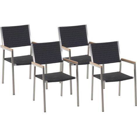 Conjunto de 4 sillas de jardín negro plateado asiento de ratán sintético patas de acero inoxidable apilable moderno comedor exterior Grosseto (1/5)