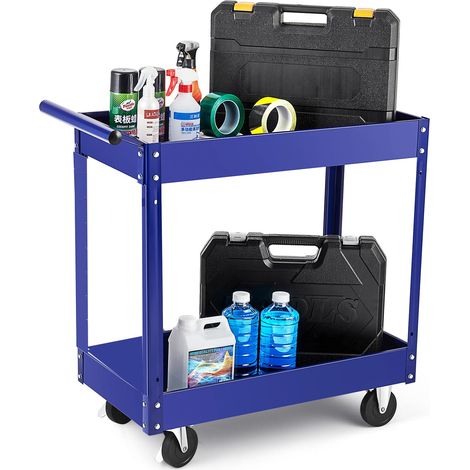 Chariot de service professionnel 2 niveaux en acier robuste – Capacité 330 lbs – Grandes étagères profondes – Roulettes solides – Idéal atelier, garage, entrepôt, réparation – Bleu (1/5)