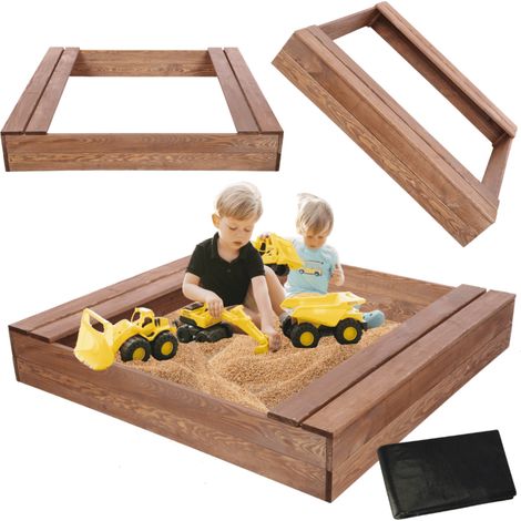 MODO24 Bac à sable en bois de jardin 120x117 cm, avec bancs, agrofibre incluse, marron imprégné