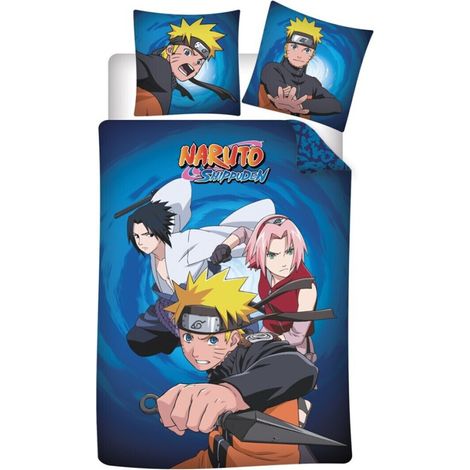 Parure de lit réversible Naruto - Naruto, Sasuke et Sakura - Bleu - 140 cm x 200 cm (1/2)
