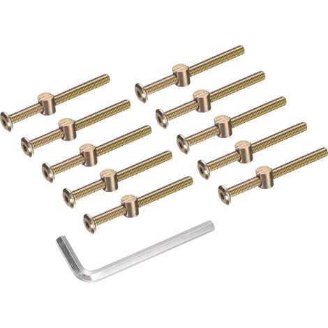 10pcs Boulons pour Cadre de Lit, M6x70mm Vis à Tête Hexagonale Interne avec Écrous Barillet, Assortiment Remplacement Quincaillerie Clé M4, Vis de Fixation pour Meuble Chaise Lits (1/5)