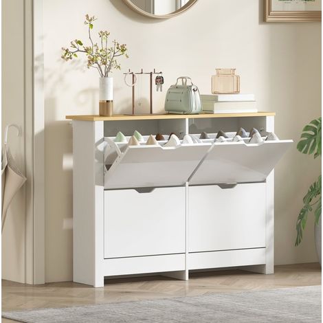 Mobile portascarpe stretto a 4 ante, 8-16 paia, 105 x 26 x 80 cm, bianco e naturale, DESVIAE (1/5)