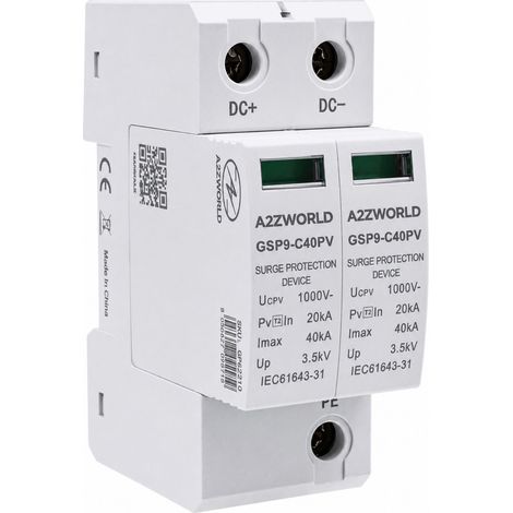 A2ZWORLD SPD Scaricatore di Sovratensione DC 1000V T2 Tipo 2 2P 2M 40kA 3.5kV IP20 Per Fotovoltaico