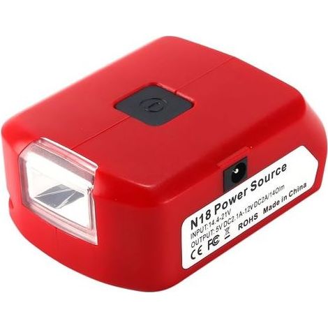 Akkuadapter mit LCD-Arbeitsleuchte und zwei USB-Anschlüssen. 18-V-auf-12-V/5-V-Gleichstromwandler. Tragbare Stromversorgung für beheizbare M18-Jacken, Werkzeuge und Mobiltelefone (Batterien nicht im L (1/5)