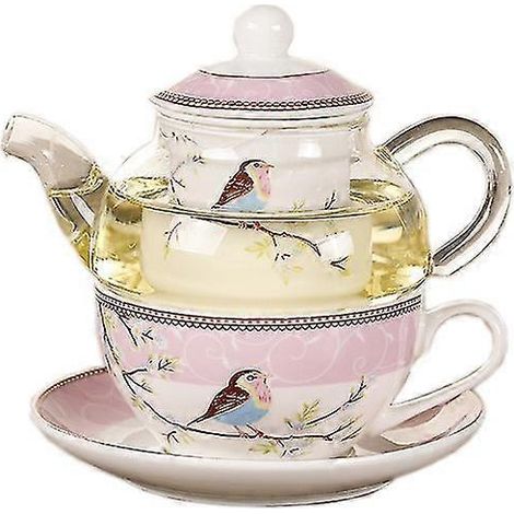 Théière en céramique à motifs floraux, tasses et soucoupes à motifs floraux et d'oiseaux, théière en verre résistant à la chaleur, tasses à café, service à thé. (1/5)