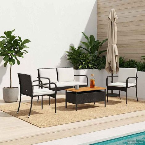 Ensemble de jardin en polyrotin noir avec table, coussins amovibles et plateau en acacia - PANGIVO (1/5)