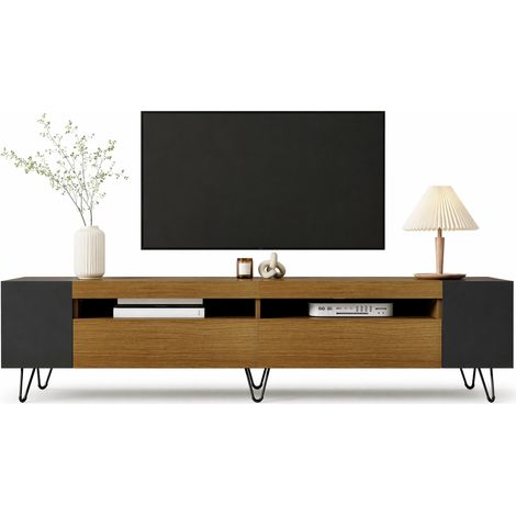 Meuble TV 180 cm noir et bois, 2 portes, rangements ouverts, style moderne pour salon, structure MDF et panneaux de particules, montage facile CHICFURN (1/5)