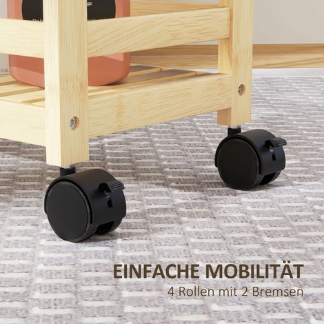 Servierwagen 3 Etagen en bambou naturel, chariot de cuisine roulant avec poignée, meuble de rangement polyvalent pour bureau, salon, cuisine, dimensions 55 x 20 x 75 cm. (1/5)