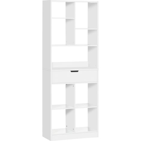 Holzregal mit 1 Schublade und 9 Fächern, Bücherregal für Wohnzimmer, Büro oder Arbeitszimmer, 60 x 26 x 158 cm, Weiß