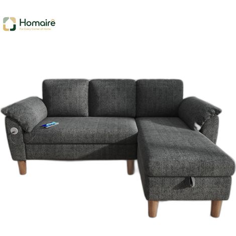 Canapé en velours gris avec rangement, accoudoirs et port USB 181 x 125 x 88 cm HOMAIRE (1/5)