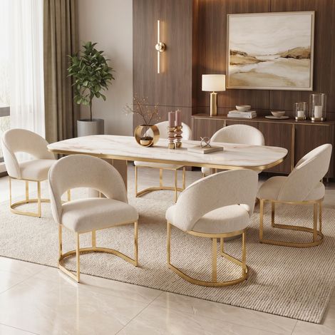 Lot de 4 chaises de salle à manger en bouclé beige avec pieds métalliques dorés galvanisés (1/5)