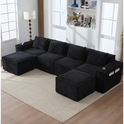 Sofá modular 4 plazas con 2 pufs de pana OKMYHOME (1/5)