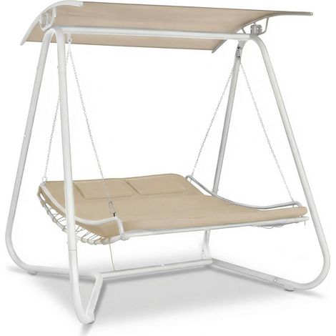 Dondolo Amaca Letto 2 Posti da Giardino con Tetto Parasole Struttura in Acciaio Seduta Imbottita in Textilene per Terrazzo Patio e Piscina Bianco Ecrù (1/4)