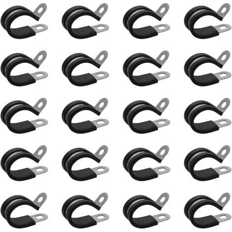 Lot de 20 colliers de serrage 8 mm en acier inoxydable avec insert en caoutchouc - Colliers de serrage pour tuyau articulé - Clip P - Set de colliers de serrage - Noir (1/5)