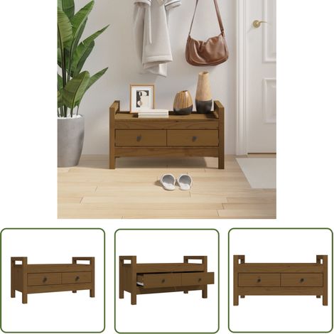 The Living Store Banc d'entrée Marron miel 80x40x43 cm Bois de pin massif - Banc D'entrée - Banc Coffre - Meuble D'entrée - Rangement Intérieur - Mobilier Rustique (1/5)