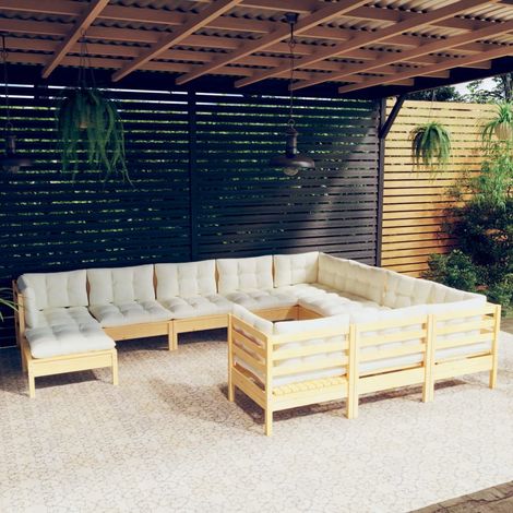 11-tlg. Garten-Lounge-Set mit Creme Kissen Kiefernholz (1/5)