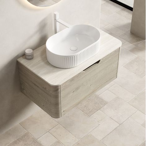 Mobile bagno sospeso 80 cm con lavabo, top in pietra sinterizzata travertino beige DESVIAE (1/5)