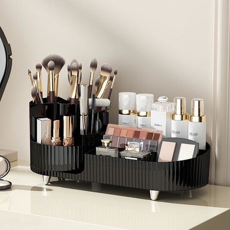 Organisateur de maquillage rotatif pour coiffeuse, grande capacité, boîte de présentation cosmétique avec porte-pinceaux, noir (1/5)