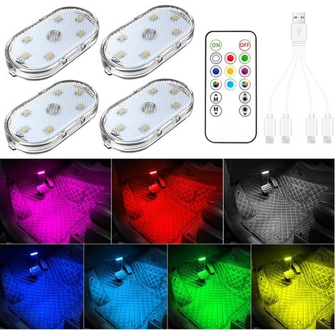 Set di 4 luci LED per auto con telecomando, illuminazione interna a 7 colori, illuminazione ambientale, luci LED portatili. (1/5)