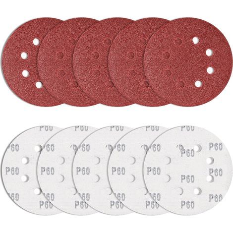 10 pièces Papier de Verre 125 mm Grain 60, disques abrasifs Ronds Ponceuse Excentrique Feuilles abrasives 8 Trous pour ébavurer et poncer Les Points de Soudure (1/5)