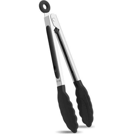 Pinzas de cocina de silicona, puntas antiadherentes, mango de acero inoxidable 18/8, mecanismo de bloqueo suave, para ensaladas, color negro. (1/5)