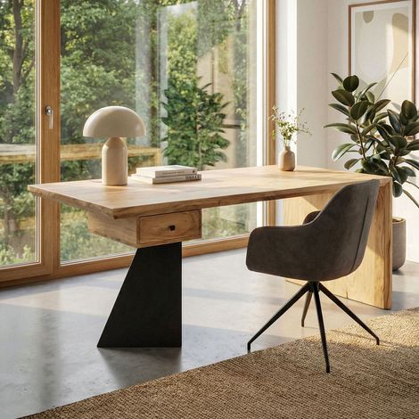 Bureau design 1 tiroir 180x90x77 cm en acacia massif et métal noir