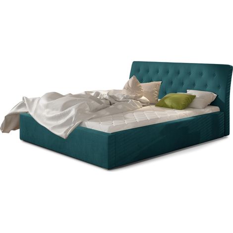 Lit velours capitonné Venizia avec sommier-Bleu canard-180x200-Version avec sommier (1/5)