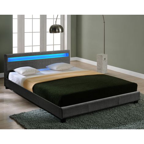 Letto Francese 140x200 cm a Testiera Alta con Illuminazione a LED Tessuto Grigio Scuro Corium (1/4)