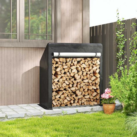 Leñero exterior de acero reforzado, soporte para leña con cubierta impermeable y asa, estante compacto que ahorra espacio, 100x60x110 cm, negro y plata. (1/5)