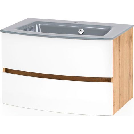 Badezimmer Waschtisch 80 cm Wotaneiche Nb. mit matt weiß LAURIA-03 inkl. Glaswaschbecken grau, BxHxT: ca. 80x53x49 cm (1/5)