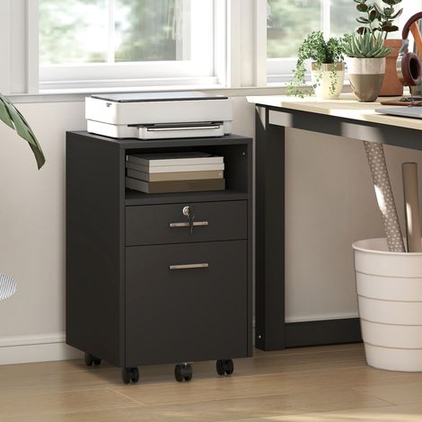 Archivador de oficina con 2 cajones, 5 ruedas y estante abierto, cajonera con cerradura y 2 llaves para formato carta/A4, armario vertical para estudio, 39x40x65 cm, negro