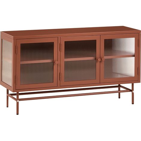 3 Door Sideboard Golden Brown Steel Fluted Tempered Glass Adjustable Shelves Leg Caps Living Room Furniture Modern Industrial Design DEVON (1/5)