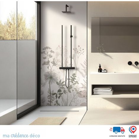 Panneau de douche : Dessin et fleurs sauvages 2 - Couleur Beige marron - Alu composite - 90 - 245 (1/3)