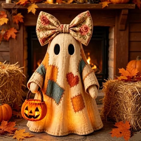 Halloween Geist Dekoration mit LED Kürbislaterne, Vintage Patchwork Figur für Innenbereich, Außenbereich und Herbstdeko (1/5)